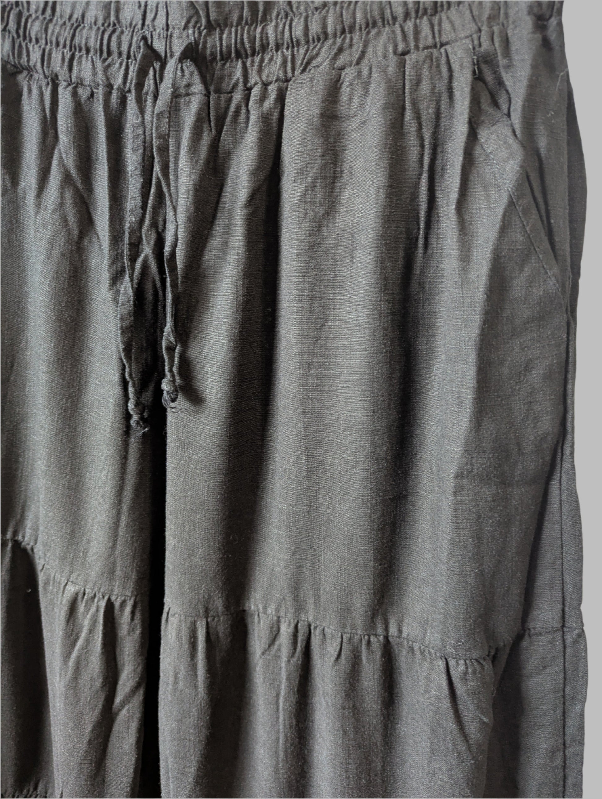 Detailed view of the premium linen-viscose blend fabric weave and functional side pocket on the black wide-leg pants.
