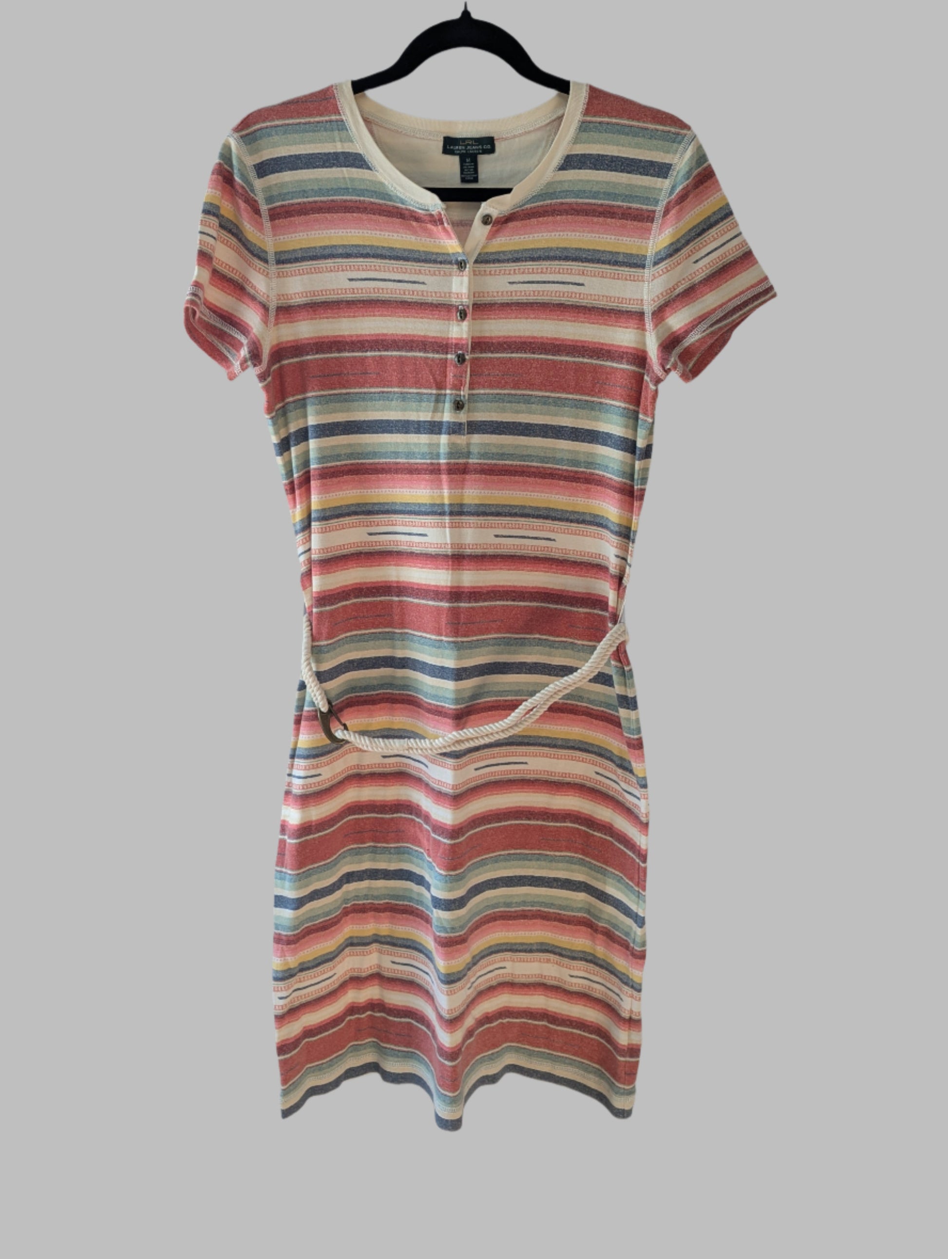 Front full-length view of a Ralph Lauren jersey cotton midi dress featuring vibrant multicolored horizontal stripes, a short-sleeve Henley neckline, and a removable white rope belt.