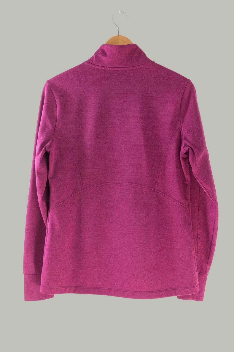 A Mondetta Fuchsia Zip Up Workout Jacket (Size Medium) from Feather & Fable Thrift Co. is displayed on a wooden hanger, shown from the back against a white background.