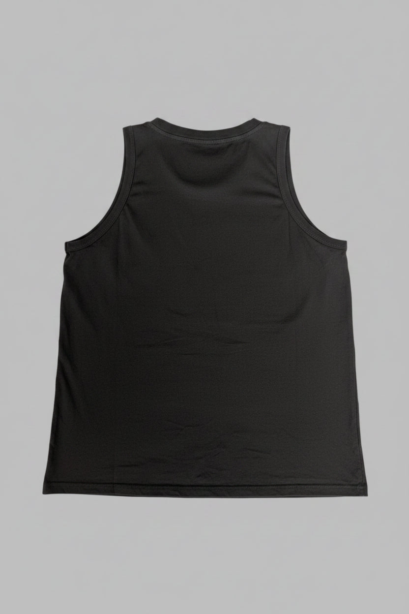 Back view of the plain dark grey sleeveless crew neck tank top, showing the soft ribbed material texture.