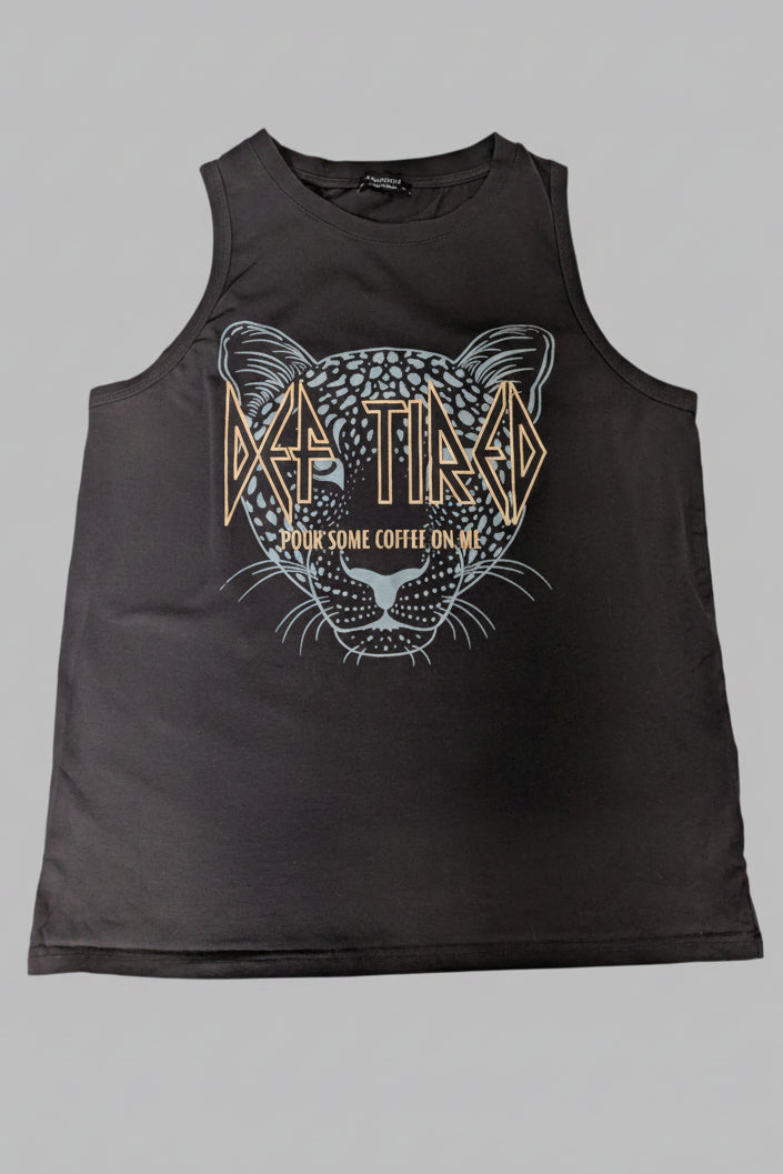 Front view of a dark grey Sheshow tank top with a colorful leopard print graphic that reads "Pour Some Coffee On Me".