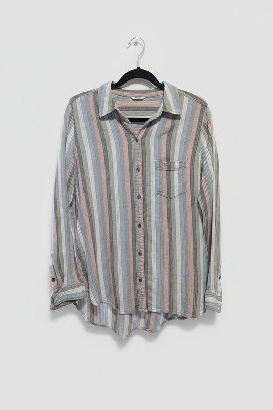 Front view of a multi-colored striped Sonoma button-up blouse with long sleeves hanging on a hanger.
