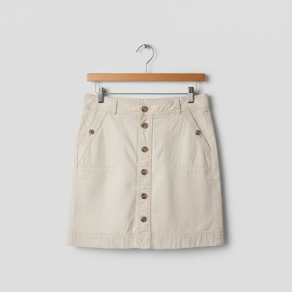 Front view of a khaki beige Tommy Hilfiger A-line midi skirt with a front button-down closure and utility pockets hanging on a wooden hanger