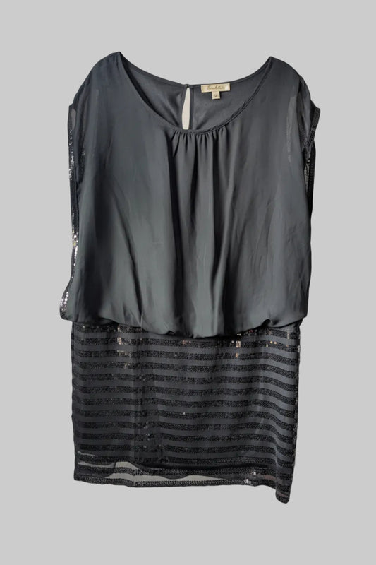 Front view of a plus-size 18 black Tradition mini cocktail dress with a sheer sequin overlay.