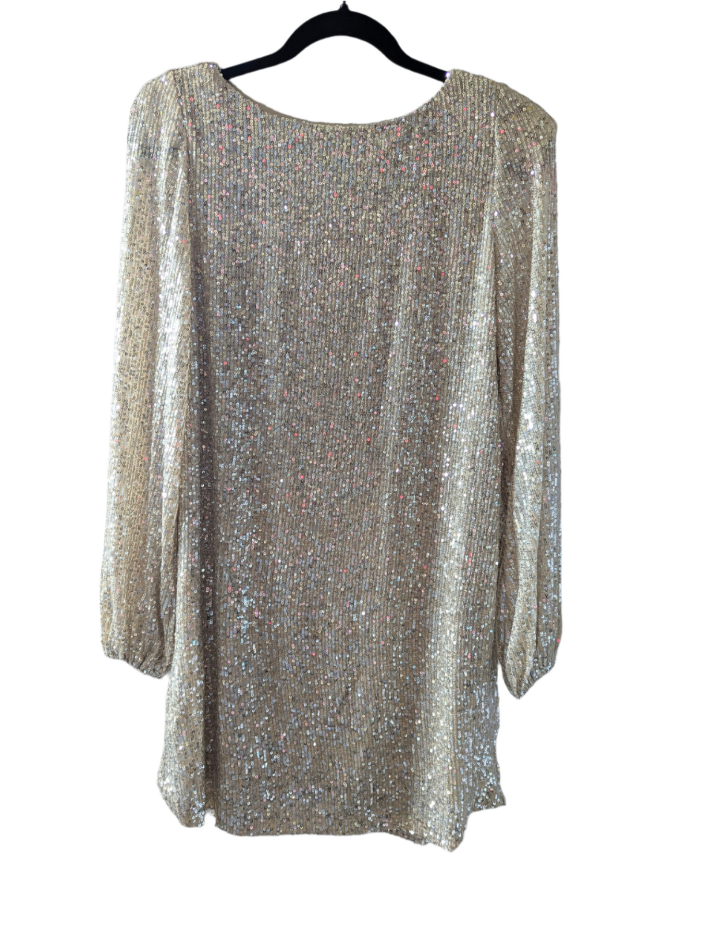 Authentic vintage-inspired Betsey Johnson gold stretch sequin relaxed fit mini dress with shoulder pads hanging on a black hanger against a clean white background.