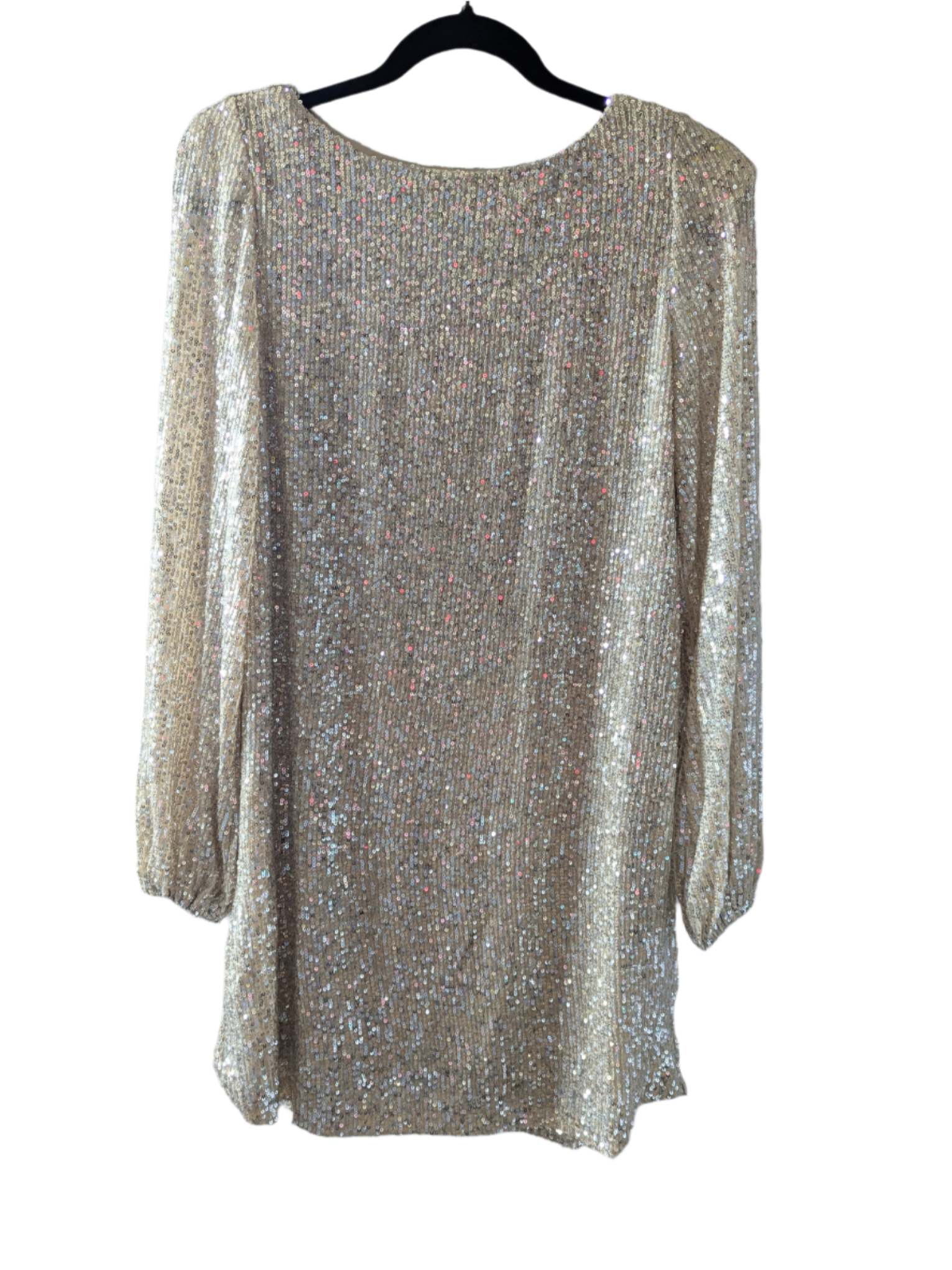 Authentic vintage-inspired Betsey Johnson gold stretch sequin relaxed fit mini dress with shoulder pads hanging on a black hanger against a clean white background.